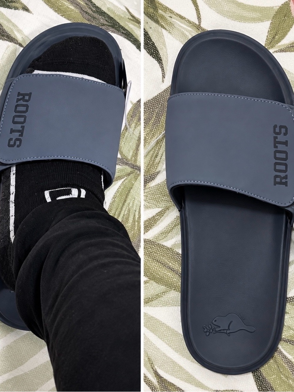 Roots Men's Slate Blue Slide Sandals with Logo Strap